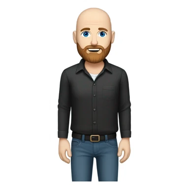 Bald, Caucasian, sky-blue-eyed, Psychotherapist in a modern colorful chair. He has a brown full beard and he’s Wearing a black dress shirt with a subtle pattern, blue jeans and black Chelsea boots with his legs separted leaning forward grey in goatee sticker
