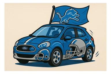 A Ford car in blue and silver, Detroit Lions flag on the roof, football helmet details, fun and spirited. sticker