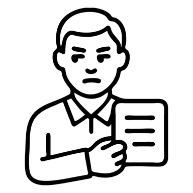 man committing loan perjury, with a document and shifty eyes sticker