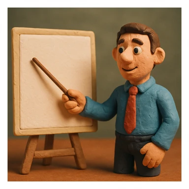 man pointing with a stick at the white board in claymation style sticker