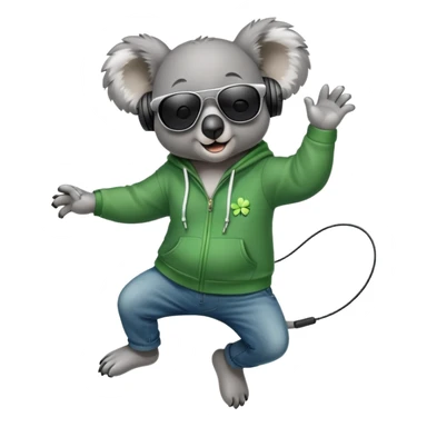 anthropomorphised koala, full body, wearing a hoodie and jeans, dark sunglasses, headphones, dressed for St. Patrick's Day, jumping sticker