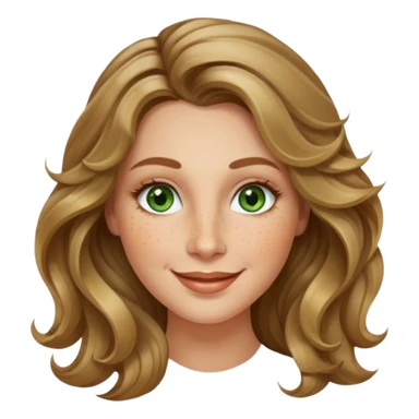 creative women with long dark Blond with highlights wavy hair white women, oval shape face green hazel eyes long lashes freckles on the nose high cheek bones sticker
