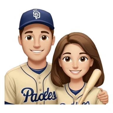 *White* couple smiling. Woman has big cheeks and a lot of freckles on the nose. long brown hair. Man has black and very short hair and prominent eyebrows with egipcian nose. Both are wearing “Los Padres” baseball jerseys and with a sign that says “Go Padres!” sticker