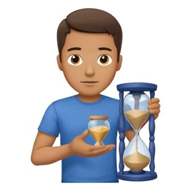 man holding sand time sticker