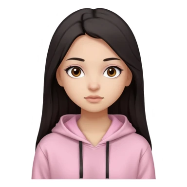 A pretty girl with light skin and long straight black brown hair, wearing a very light pink basic hoodie with brown eyes and makeup and a round face sticker