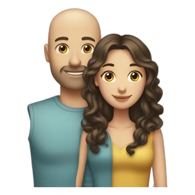 caucasian bald man and a caucasian woman with long curly dark hair and bangs hugging sticker
