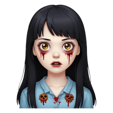 faça o emoji de uma menina zumbi de cabelos longos pretos com franja sticker