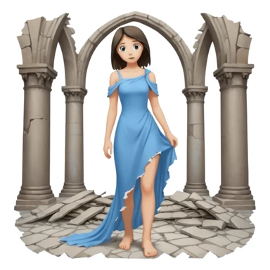 Female figure standing barefoot in ruined cathedral, dress slipping from shoulder sticker