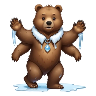 Natural looking brown bear walking on four paws, wearing a thick collar made of clear ice with sharp icicles dangling from it, like a large dog collar shape sticker