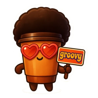Tall coffee cup, no mouth, afro, heart glasses, holding sign "groovy" sticker