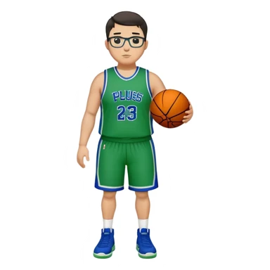 Full Body plus size white male with dark short hair  tall basketball player wearing glasses wearing blue green uniform sticker