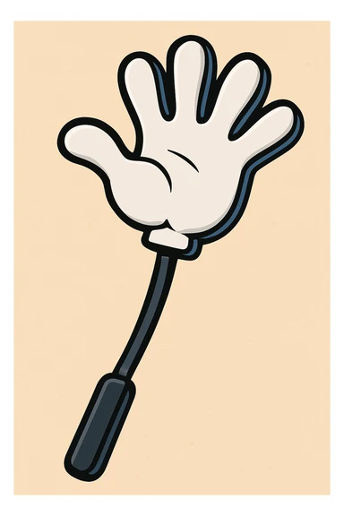 cartoon style plastic slap hand, white hand, black handle stick, black border sticker