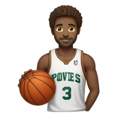 White man in a basketball jersey holding a basketball sticker