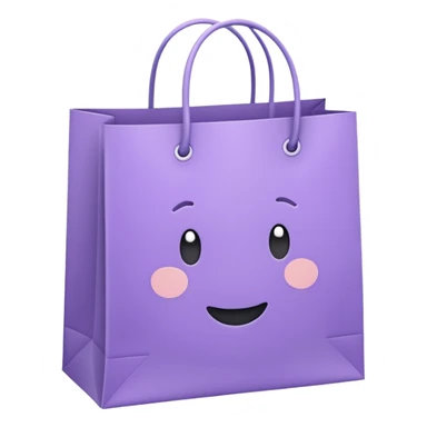 A cute emoji-style illustration of a purple paper shopping bag, pastel purple color, rounded shape, simple clean lines, kawaii style, soft shading, minimal details, centered composition, transparent background sticker
