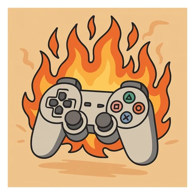 cartoon PlayStation controller surrounded by fire, playful and bold sticker
