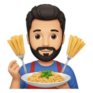 White man with black beard holding a pasta smiling  sticker