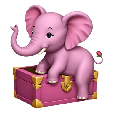 Une boite à trésor ouverte, avec un éléphant rose qui sort sa tête sticker
