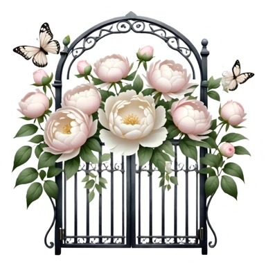 A nostalgic vintage garden scene where sunlight filters through an ornate iron gate, illuminating a delicate bouquet of white peonies and pale pink roses arranged in an ivory ceramic vase, with shimmering pearl butterflies resting on the petals.
 sticker