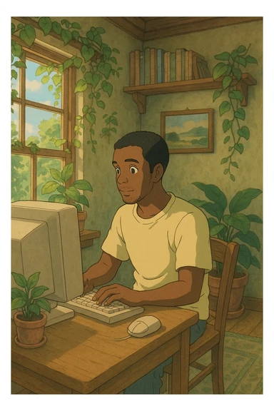 A black man using a computer in a Ghibli-inspired room, lush details, soft color palette, peaceful mood. sticker