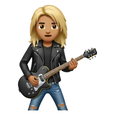 3D Apple-style emoji of a metal musician. Long hair, black leather jacket, ripped jeans, holding an electric guitar. Intense expression, glossy, rounded, smooth, soft shadows, white background.










 sticker