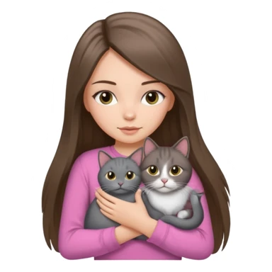 a white girl with brunette long straight hair holding a grey cat. the girl has long lashes and has on a pink shirt and gold jewelry. sticker