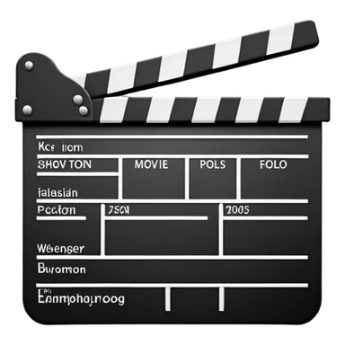 Flat design movie clapperboard with subtle shadow, black and white with minimal stripes, clean iOS emoji style sticker
