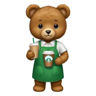 teddy bear wearing green apron with one cup of starbucks coffee sticker