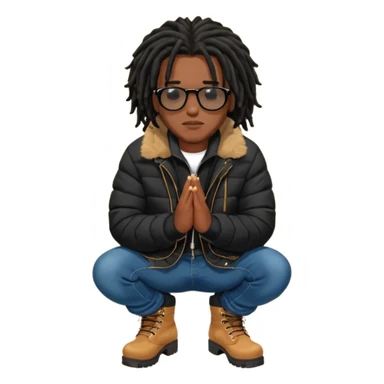 African American man brown skin complexion with black dreadlocks shoulder length wearing black bubble winter coat wearing black sunglasses with denim skinny jeans and timberland boots kneeling on one knee in prayer sticker