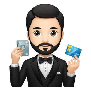 make a genmoji of a boy with a an amex card in hand and wearing a tux, black hair. bearded sticker