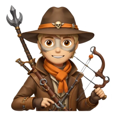 male human monster hunter emoji, wearing brown leather coat and wide hat, holding crossbow or rifle, with amulet shaped like skull, Halloween fantasy theme, confident smile, orange scarf, Apple emoji style, clean white background, square image sticker