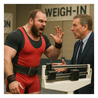 realistic powerlifter in competition clothing, arguing animatedly with official in front of scale, angry expression, tense atmosphere, detailed, weigh-in area background sticker