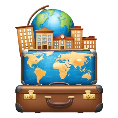 An icon featuring a suitcase, 1 globe, and a hotel building, symbolizing tourism and hospitality studies. The design includes a map and compass, representing travel research and industry analysis. Transparent background sticker