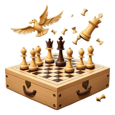 chessboard coming out of a box with chess pieces flying around scattered sticker