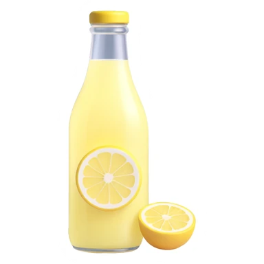 glass bottle of pale yellow lemonade, slightly translucent with a lemon slice, fresh look, no straw, clean 3D style, soft lighting sticker