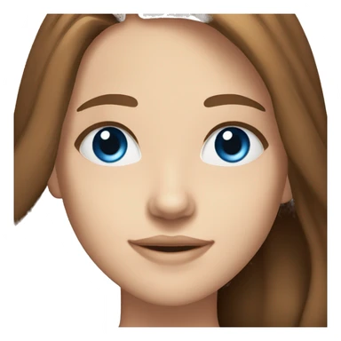 20 year old girl, dark blue eyes, middle part, long brown hair out, smiling, blue eyes. white skin sticker