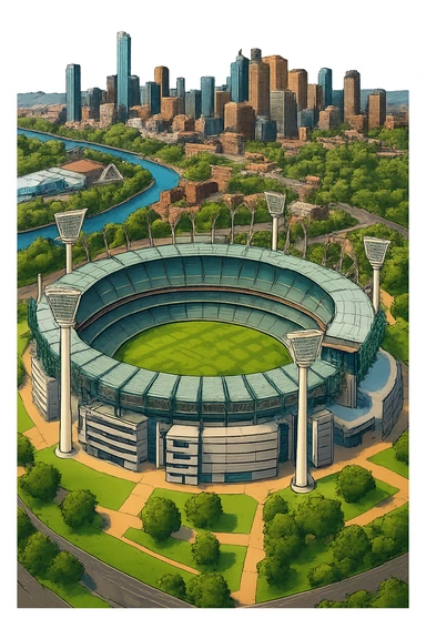 Изометричная, яркая, детализированная и фотореалистичная иллюстрация стадиона Melbourne Cricket Ground в стиле 3D-коллажей городов, насыщенные цвета, аккуратные и чёткие линии, мультяшно-реалистичная стилистика. Чёткие контуры, прозрачный фон, высокое качество. sticker