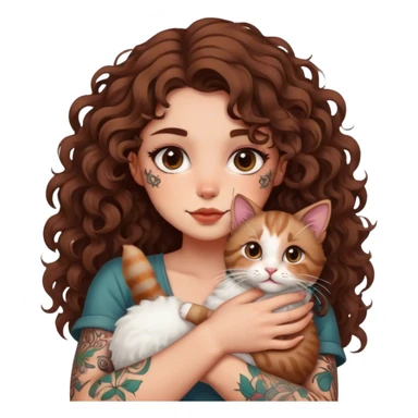 girl with tattoos and curly hair holding a cat sticker