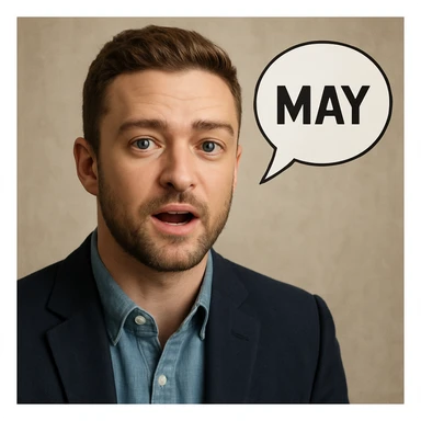 realistic illustration of a Justin Timberlake lookalike saying 'MAY' sticker