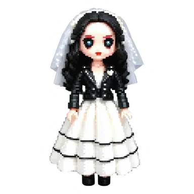 Chucky's bride doll wearing a black dress and black leather jacket, with dark makeup sticker