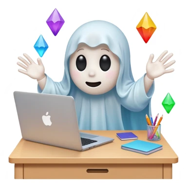 A cute ghost sits in front of a desk and is designing it with a laptop. see a laptop screen, and there is a photoshop screen on the screen. On the ghost surface, many shapes are leaving. sticker
