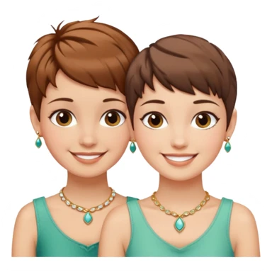 Fair skin and brown colored besties with brown hair pixie cuts wearing jewelry  both brown hair  sticker