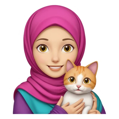 white woman with colorful hijab, smiling, holding a cat sticker