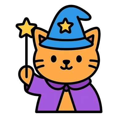 cat magician with a wizard hat and wand, colorful icon sticker