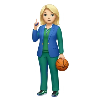 Full Body white plus size female basketball head coach with whistle  blonde hair shoulder length in a blue and green suit sticker