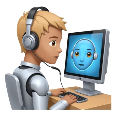human is using some complicated system, in front of the monitor, asking someting to the monitor by natural language the monitor, ai robot answering in his own language sticker