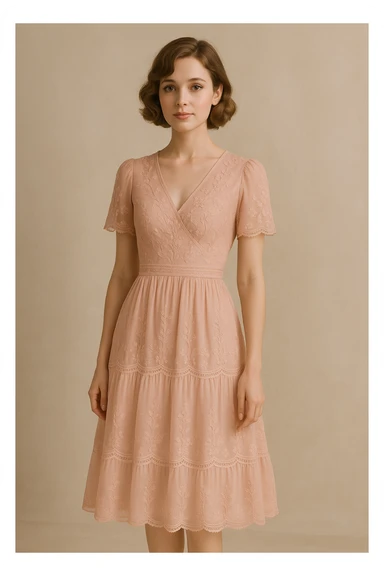 full body portrait of a woman with white skin, short wavy light brown hair, light makeup, wearing a pink dress with beautiful, delicate details, elegant and feminine sticker
