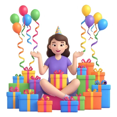 brunette girl opening birthday presents, excited, surrounded by gifts and streamers sticker