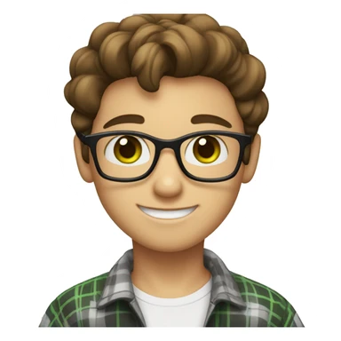 Draw a boy wearing glasses, a white t-shirt with a black and gray plaid shirt over it, he is smiling, he has white skin color, green eyes, and a nice hairstyle (dark brown hair). sticker