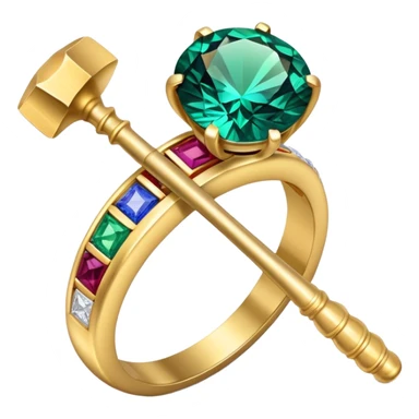 Create a bright and eye-catching emoji symbolizing jewelry craftsmanship and the art of making jewelry. Include a sparkling gemstone, a delicate ring, and tools like a hammer or chisel. The design should be elegant, with fine details and a luxurious feel, representing the precision and artistry of jewelry making. Use vivid colors like gold, silver, and deep jewel tones for the gemstone. Ensure the icon has a transparent background. sticker