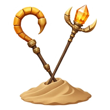 desert sand mage staff object icon, staff topped with a scorpion-shaped sand crystal, glowing amber aura, tribal desert carvings, floating sand dust, 3D cartoon, mobile game icon style, centered, clean background, no text, no watermark
 sticker
